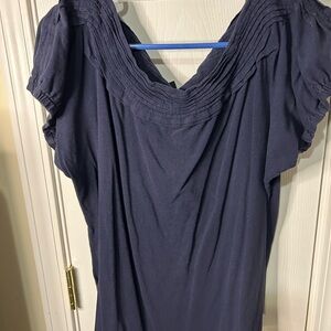 Blue Ruched Cap Sleeve Blouse